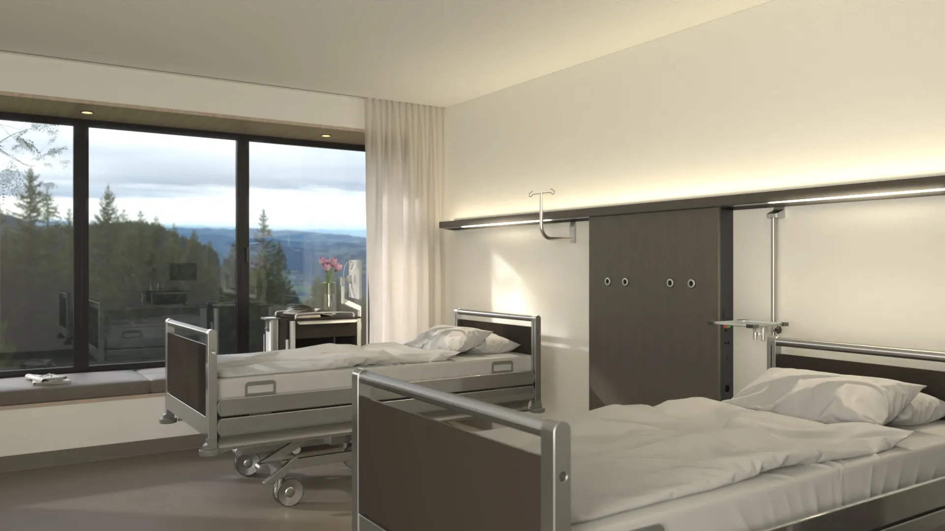 Two hospital beds with white bed linen in a bright room with a large window front and a continuous ceiling luminaire